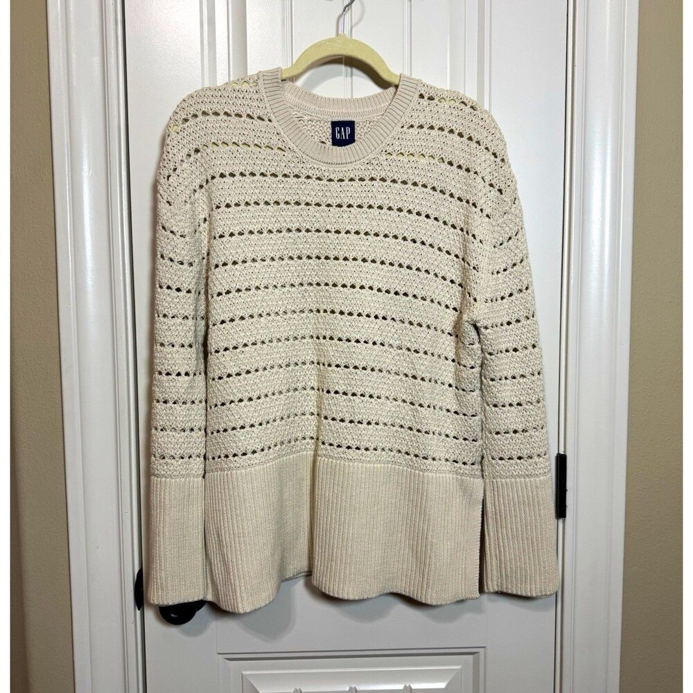 GAP Women Beige Crochet Knit Crewneck Lightweight Pullover Sweater S Long Sleeve